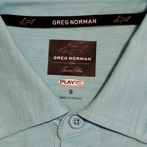 (2) Greg Norman for Tasso Elba Play Dry Polo Blue Tangerine Shark Logo Golf - Picture 4 of 11